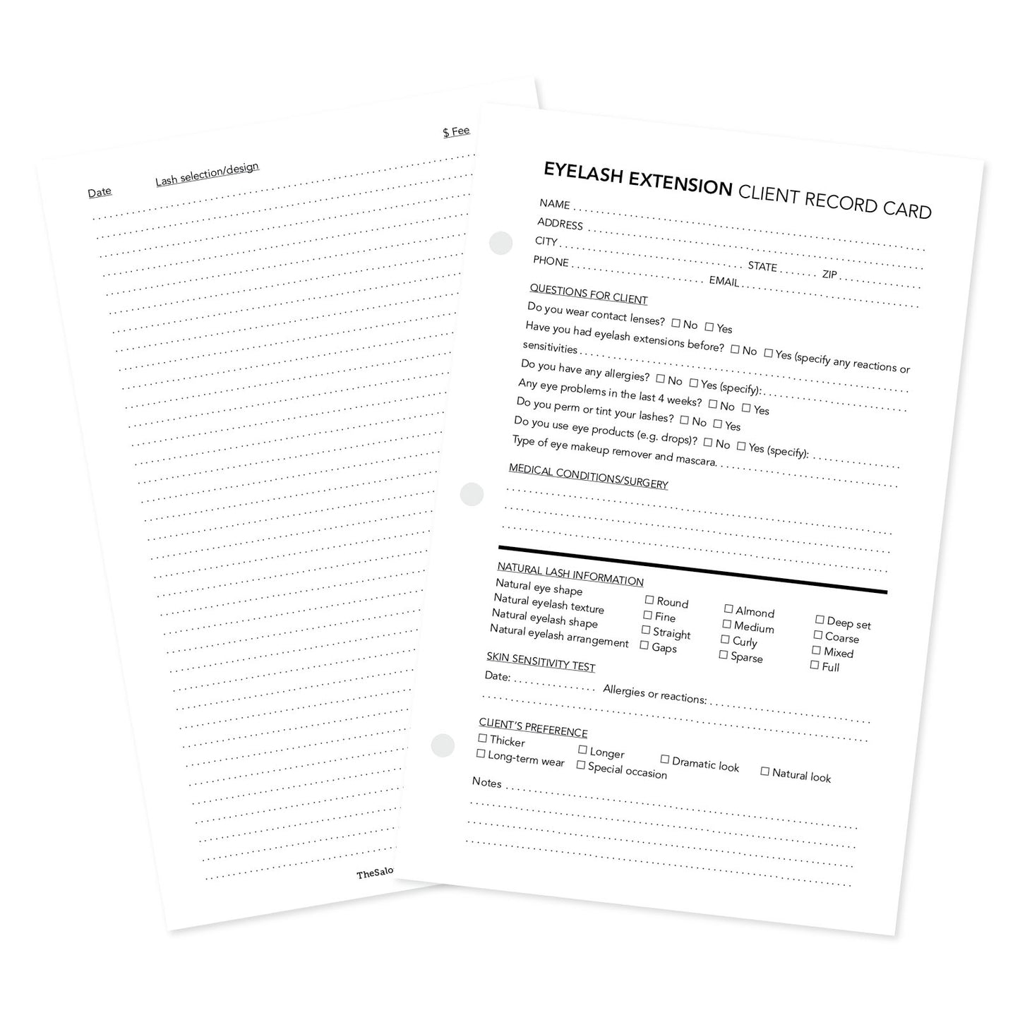 Front and backside of eyelash extension client record card