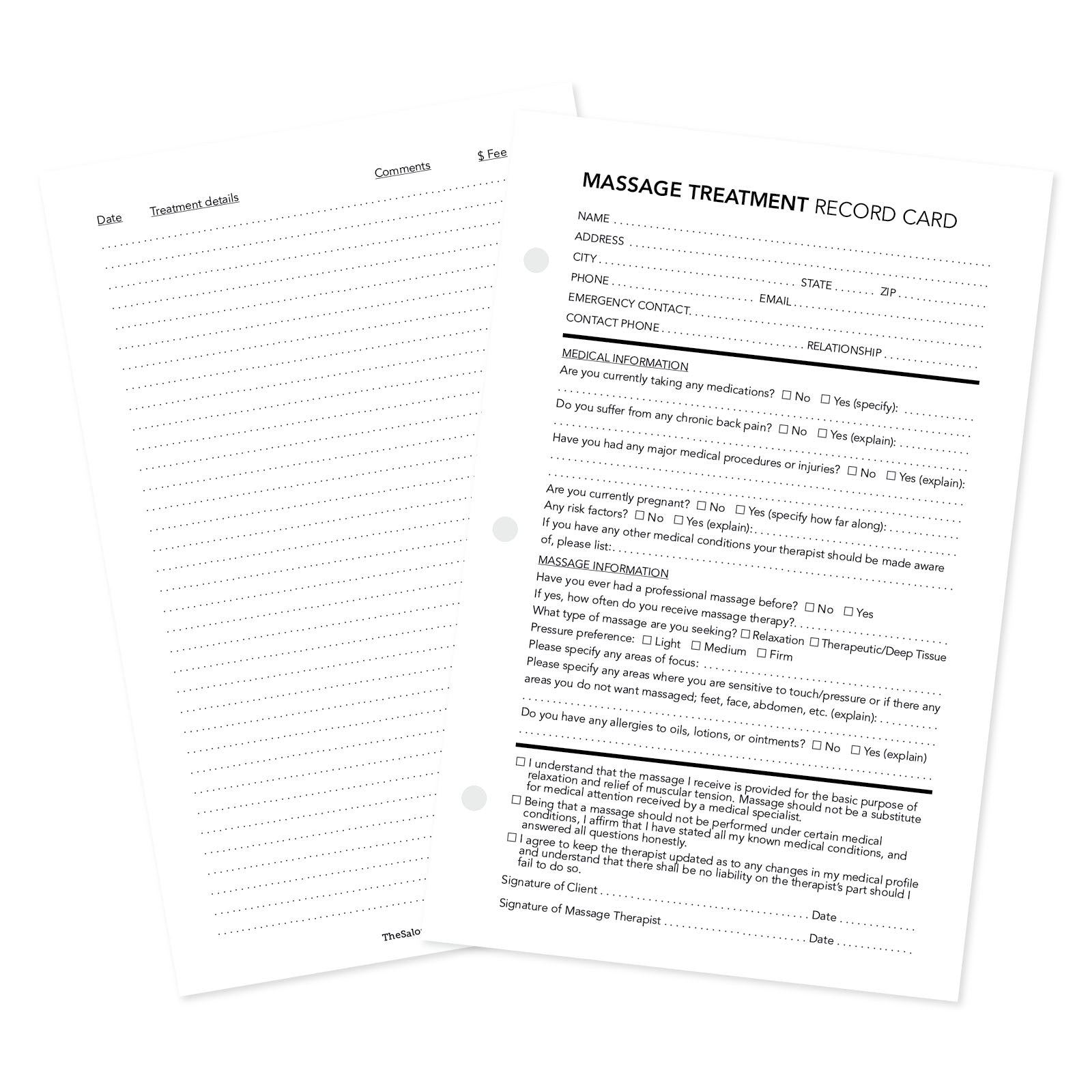 Front and backside of massage treatment client record card